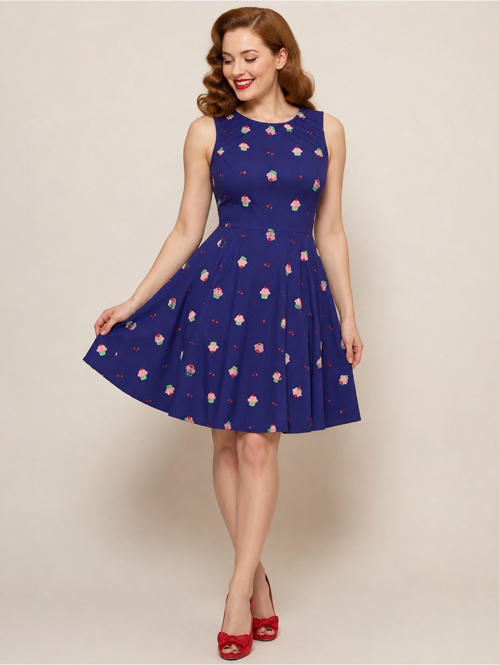 Unique Vintage x GB Cupcake Print Fit & Flare Dress Size Large Retro Pinup